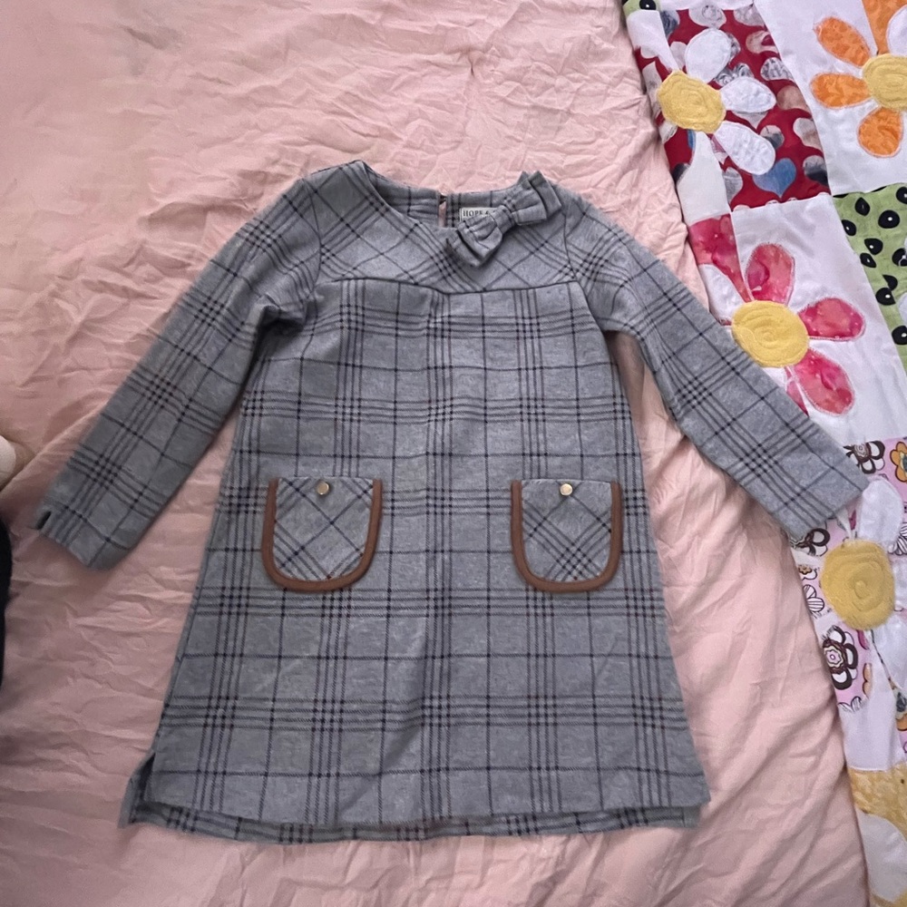 Gray Plaid Kids Dress with Pockets